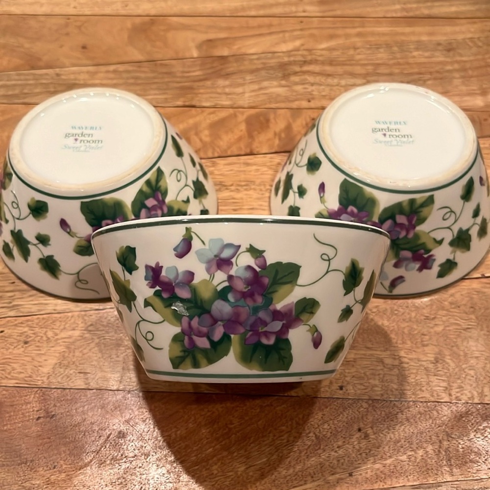 RETIRED 2003 WAVERLY GARDEN ROOM SWEET VIOLET COTTAGE CEREAL SOUP SALAD BOWLS 3